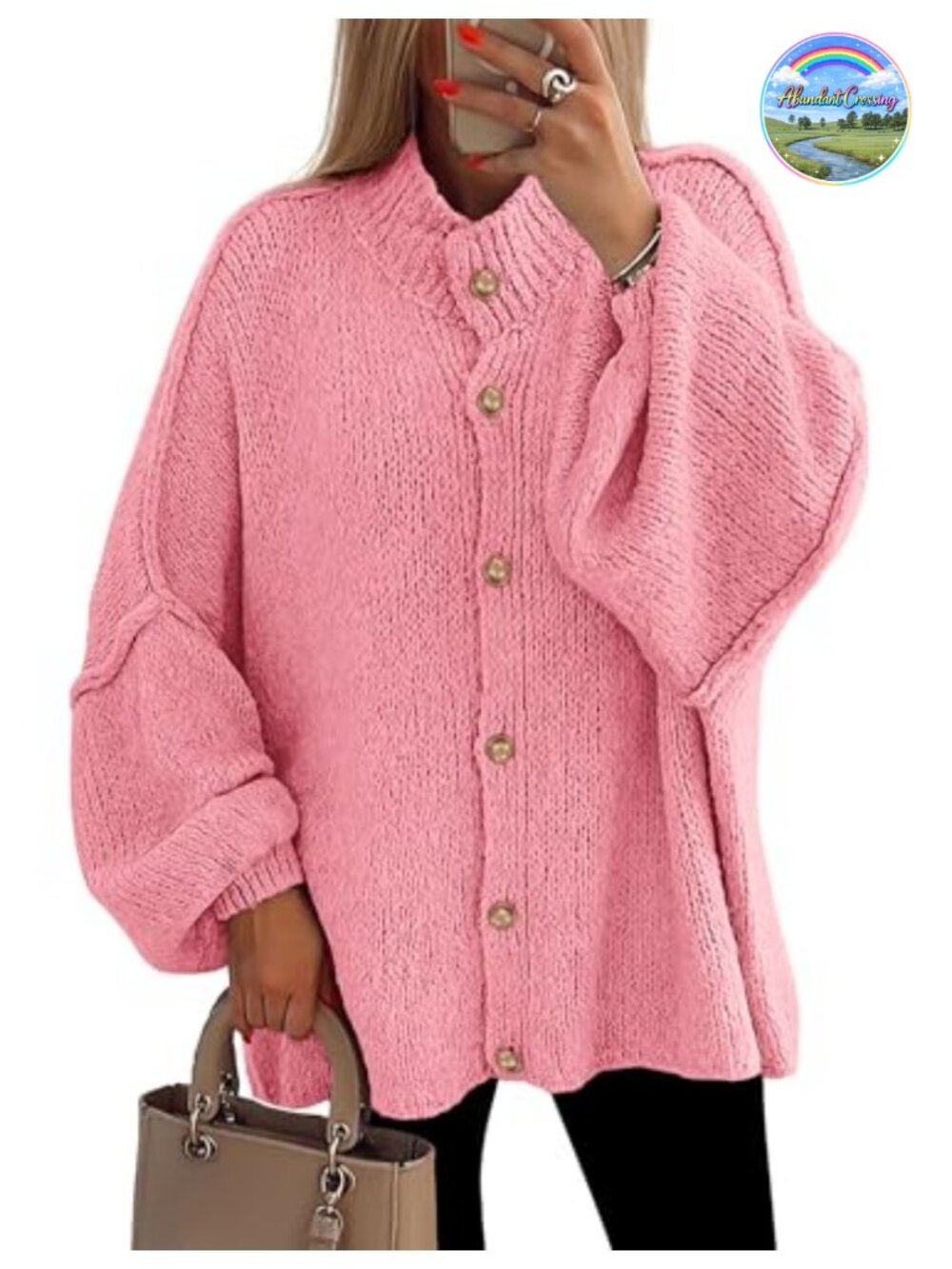 Women's Chunky Knit Oversized Cardigan Sweater Button Down Mock Neck Long Sleeve